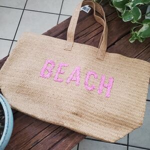 NWT Tan Beach Tote with Pink Lettering